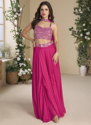 Rani pink chinon silk embroidered western Palazzo suit 1