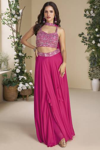 Rani pink chinon silk embroidered western plazzo suit