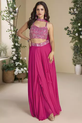 Rani pink chinon silk embroidered western plazzo suit