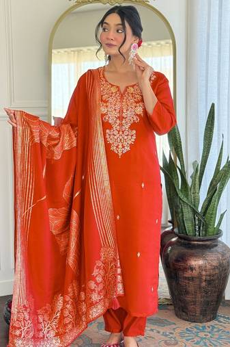 Women Gorgeous Roman Silk Fabric Straight Kurta, Pant and Dupatta Set