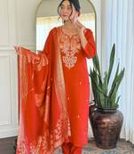Women Gorgeous Roman Silk Fabric Straight Kurta, Pant and Dupatta Set
