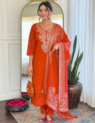Women  Roman Silk Straight Kurta Pant and Dupatta Set 5