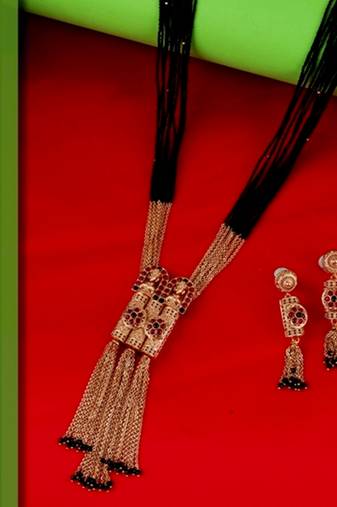 Traditional temple and flower design black bead gold plated long bead chain mangalsutra set for women