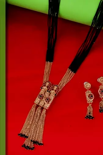 Traditional temple and flower design black bead gold plated long bead chain mangalsutra set for women