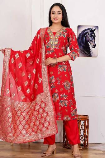 Vatican silk  printed  straight  kurti-pant-dupatta  set