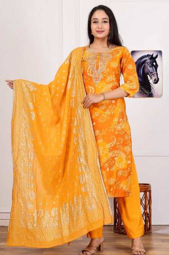 Vatican silk  printed  straight  kurti-pant-dupatta  set