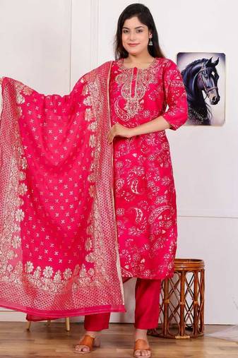 Vatican silk  printed  straight  kurti-pant-dupatta  set