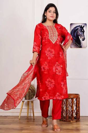 Vatican silk  printed  straight  kurti-pant-dupatta  set