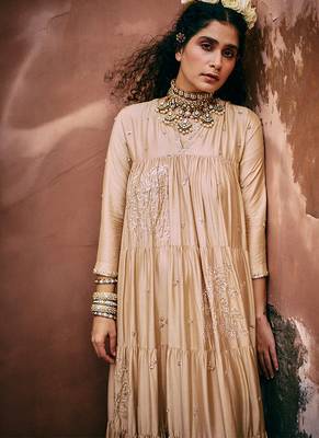 Beige embroidered modal silk anarkali 1