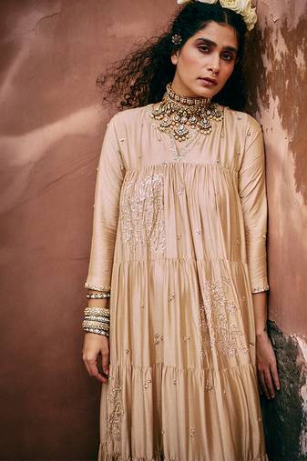 Beige embroidered modal silk anarkali