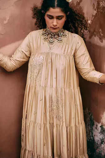 Beige embroidered modal silk anarkali