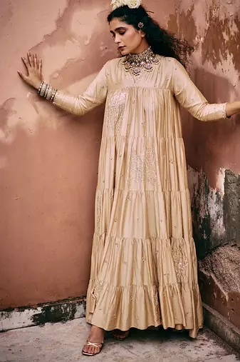 Beige embroidered modal silk anarkali