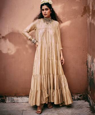 Beige embroidered modal silk anarkali 4
