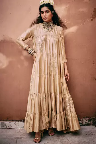 Beige embroidered modal silk anarkali