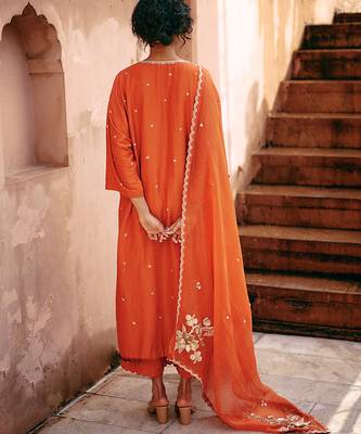 Rust embroidered modal silk kurta set 2