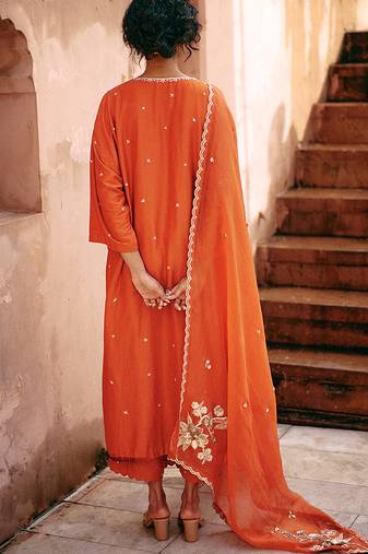 Rust embroidered modal silk kurta set
