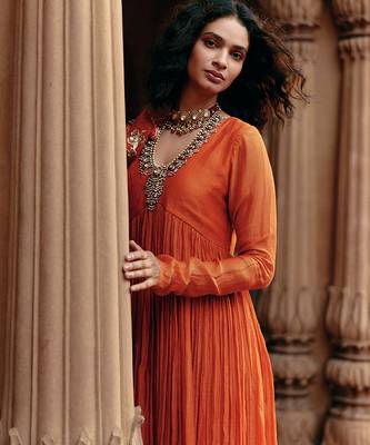 Rust embroidered chanderi anarkali 2