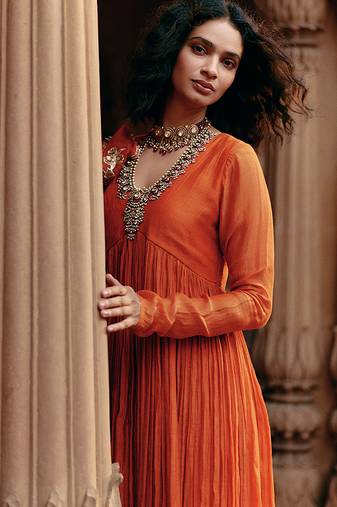 Rust embroidered chanderi anarkali