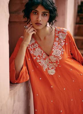 Rust embroidered modal silk kurta set 3