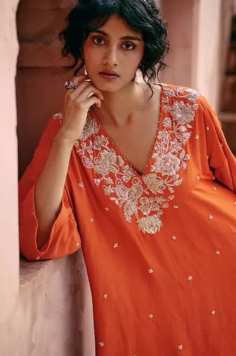 Rust embroidered modal silk kurta set