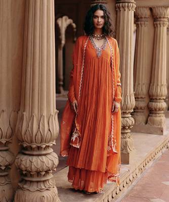Rust embroidered chanderi anarkali 1
