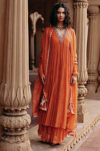 Rust embroidered chanderi anarkali