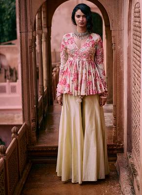 Pink printed silk kurta set 1