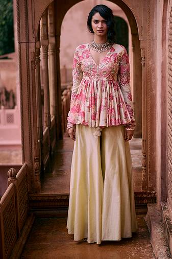 Pink printed silk kurta set