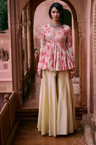 Pink printed silk kurta set