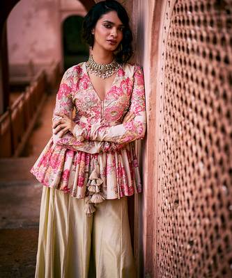 Pink printed silk kurta set 2