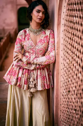 Pink printed silk kurta set