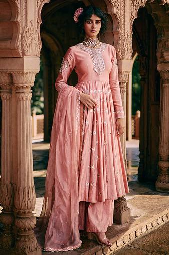 Pink embroidered silk anarkali
