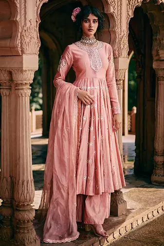 Pink embroidered silk anarkali