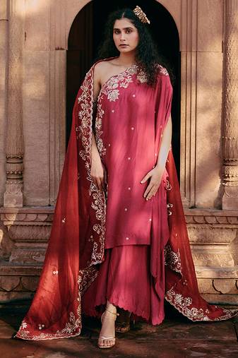 Rani-pink embroidered silk co ord sets