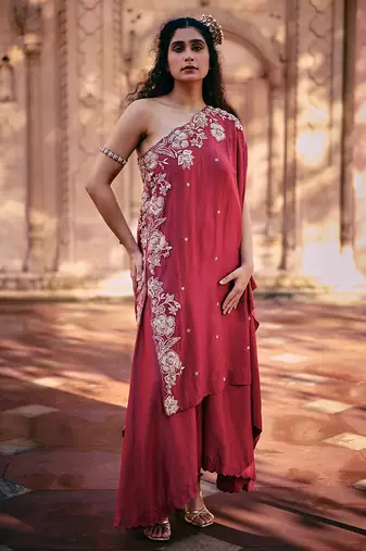 Rani-pink embroidered silk co ord sets