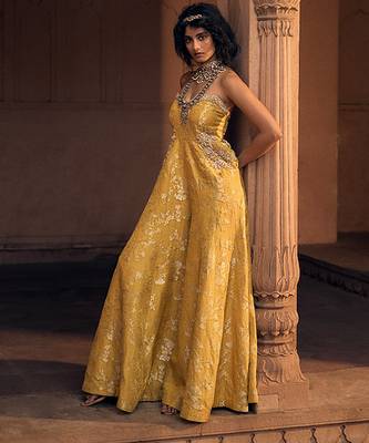 Yellow embroidered jacquard jumpsuit 1
