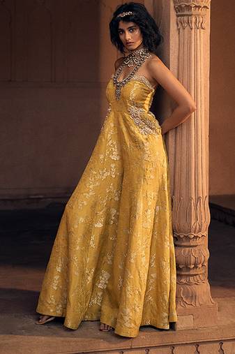 Yellow embroidered jacquard jumpsuit