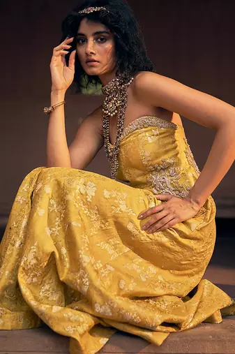 Yellow embroidered jacquard jumpsuit