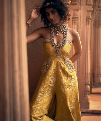 Yellow embroidered jacquard jumpsuit 3