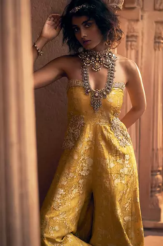 Yellow embroidered jacquard jumpsuit