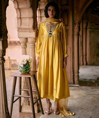 Yellow embroidered modal silk kurta set 1