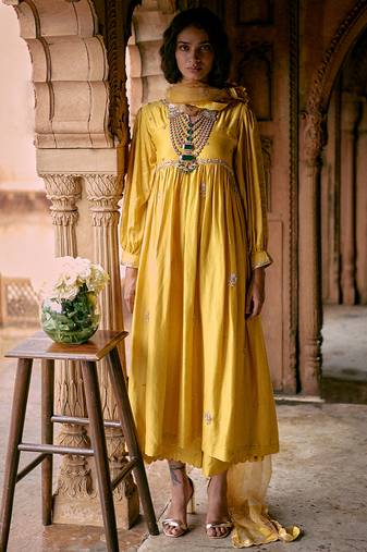 Yellow embroidered modal silk kurta set