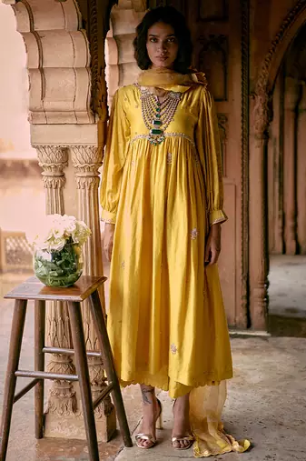 Yellow embroidered modal silk kurta set