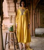 Yellow embroidered modal silk kurta set