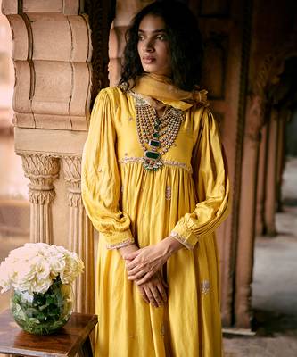 Yellow embroidered modal silk kurta set 2