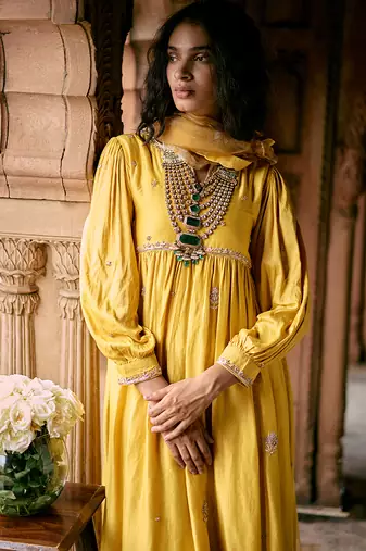 Yellow embroidered modal silk kurta set