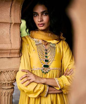 Yellow embroidered modal silk kurta set 3