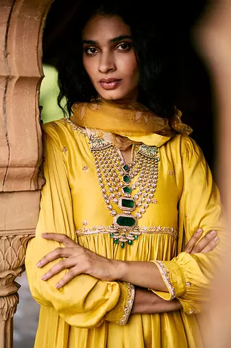 Yellow embroidered modal silk kurta set