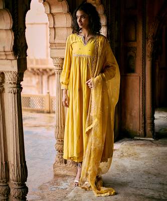 Yellow embroidered modal silk kurta set 4