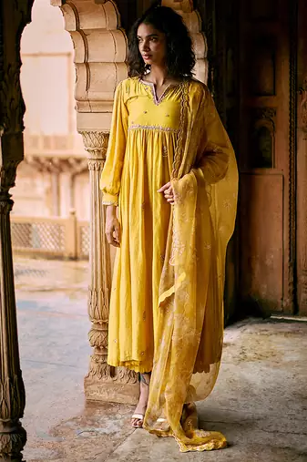 Yellow embroidered modal silk kurta set